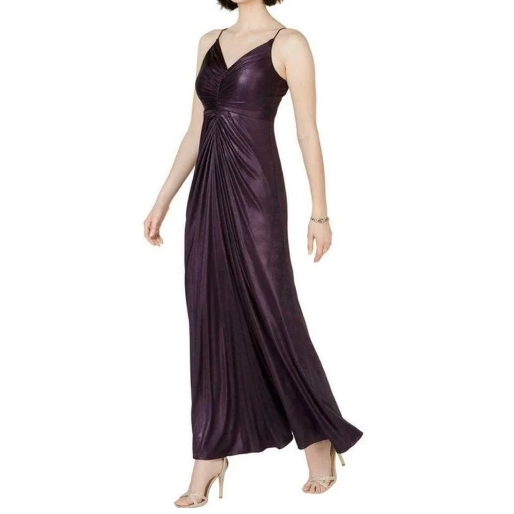 Adrianna Papell Allover Metallic Knotted Gown Dress Aubergine Size 16